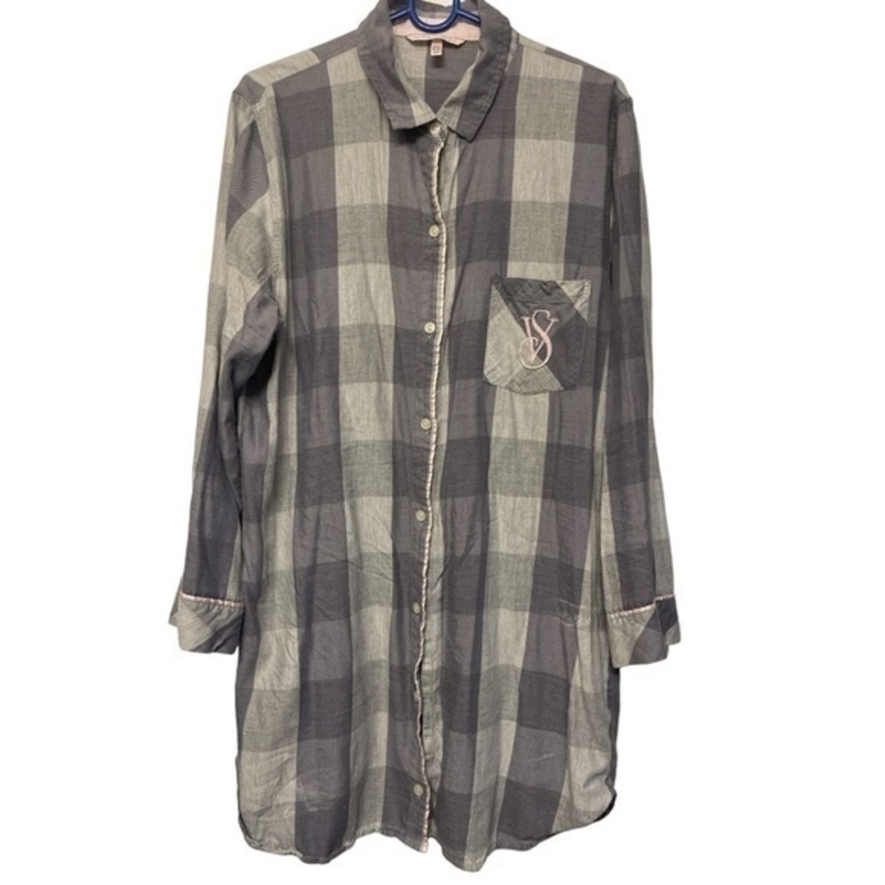 Womenās Victoria's S LS Flannel Nightshirt Gray Pink Plaid Size Med #2340